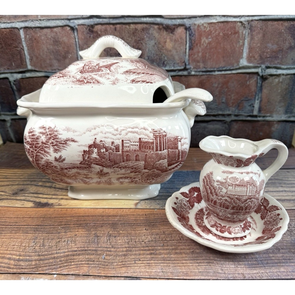 Vtg TRIMONT 5pc Japan Transferware Red Soup Tureen Ladle Lid Creamer Saucer